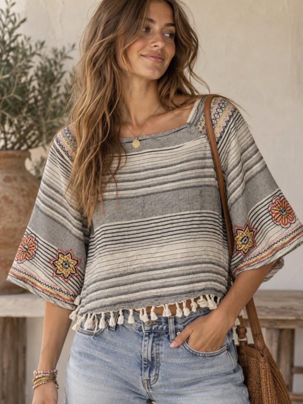💕XOXO Women’s Y2K Blue White Striped Flowy Boho Tassel Embroidered Top Blouse S